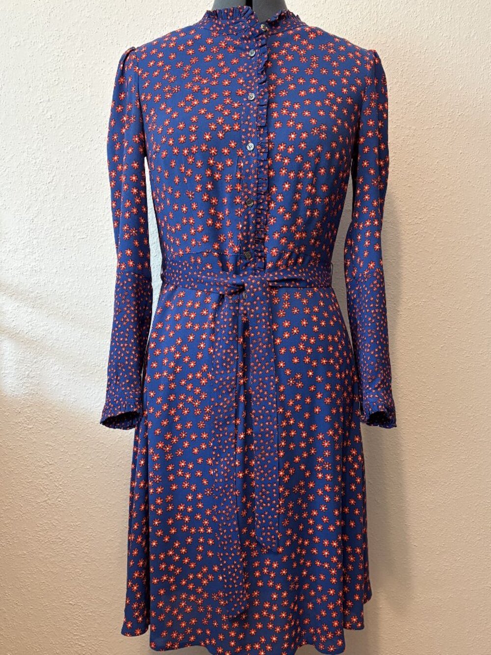 Boden Kitty Midi Shirtdress Navy Red Daisy Floral Belted Ruffle Collar S 4R